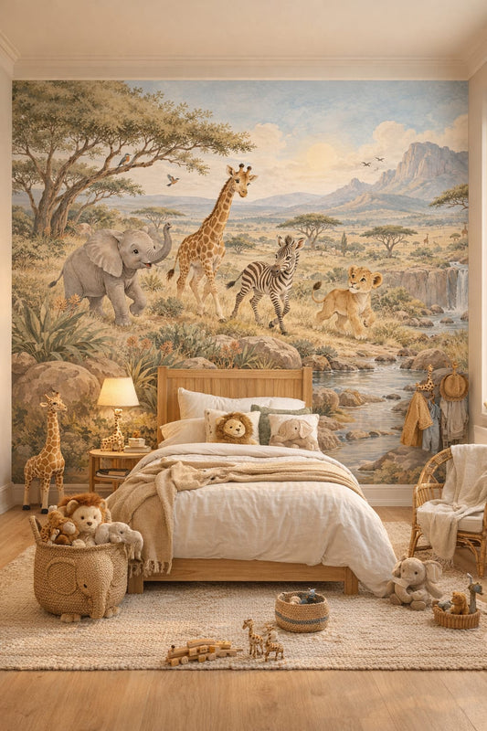 Modern Safari olive safari animals featuring savanna landscape - Wall Mural Peel and Stick Wallpaper for Modern Safari Kids Bedroom.