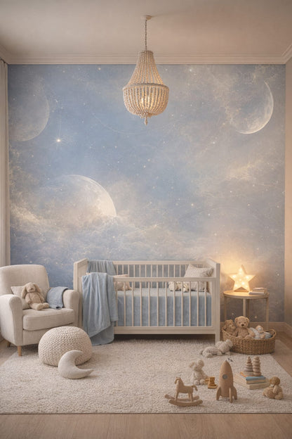 Celestial navy celestial moons featuring stars - Wall Mural Peel and Stick Wallpaper for Outer Space / Celestial Nursery.