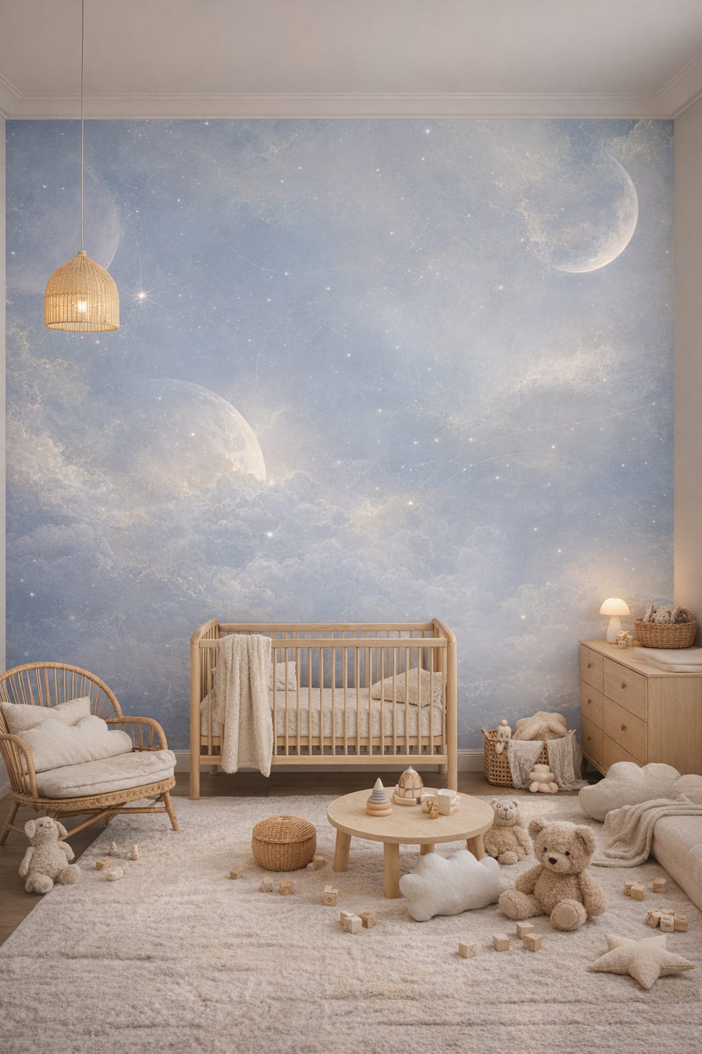 White-gray celestial moons featuring stars - Wall Mural Peel and Stick Wallpaper for Scandi Kids Nursery.
