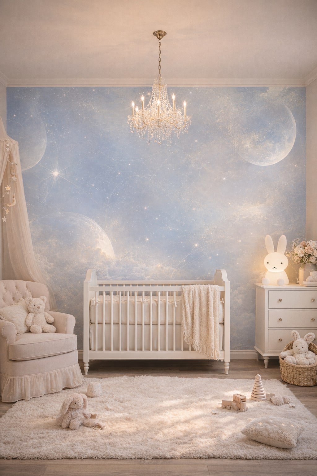 Blush gold celestial moons featuring stars - Wall Mural Peel and Stick Wallpaper for Pastel Glam Nursery Nursery.