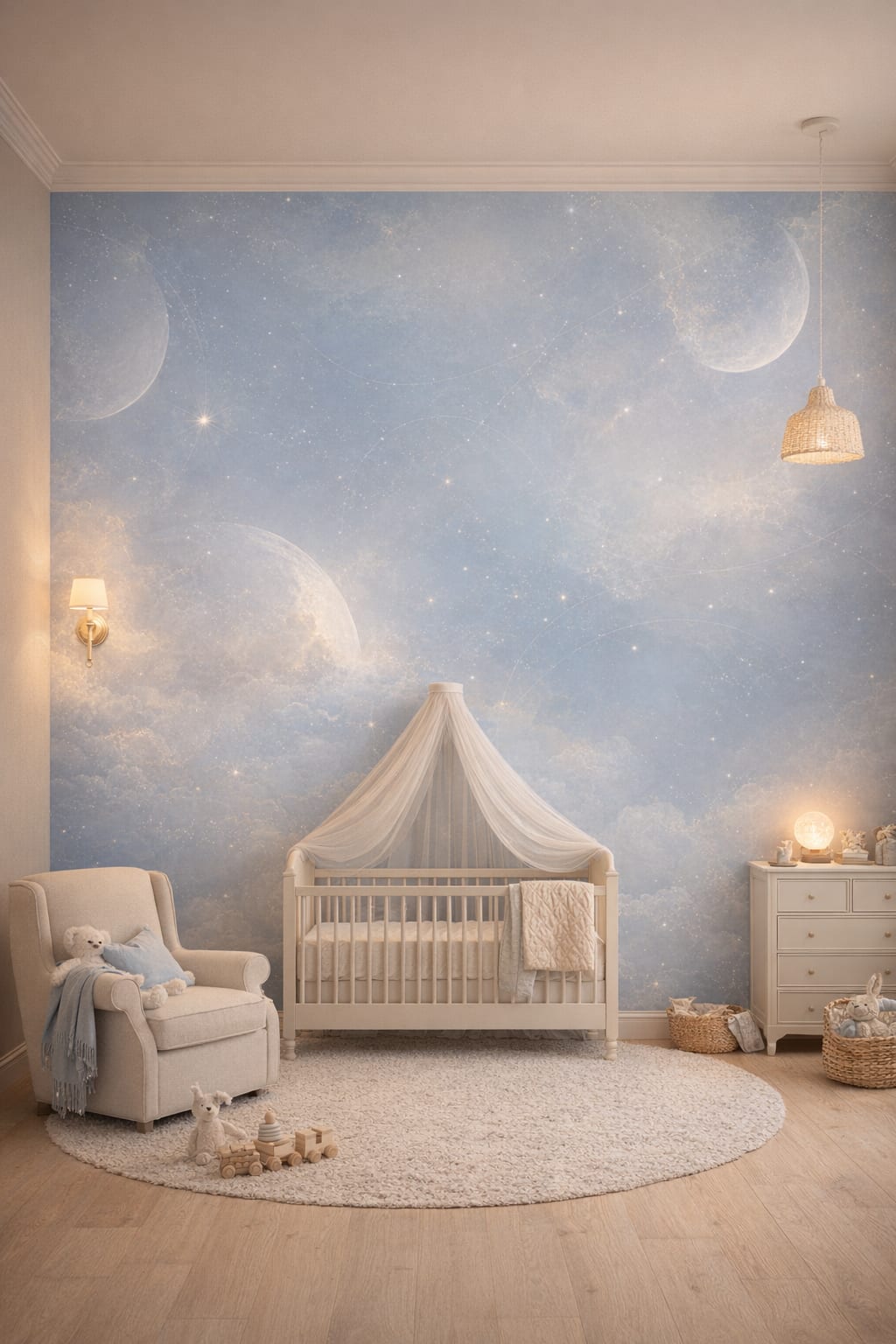 Classic Storybook cream celestial moons featuring stars - Wall Mural Peel and Stick Wallpaper for Classic Storybook Nursery.