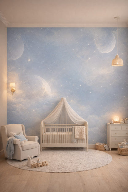 Classic Storybook cream celestial moons featuring stars - Wall Mural Peel and Stick Wallpaper for Classic Storybook Nursery.
