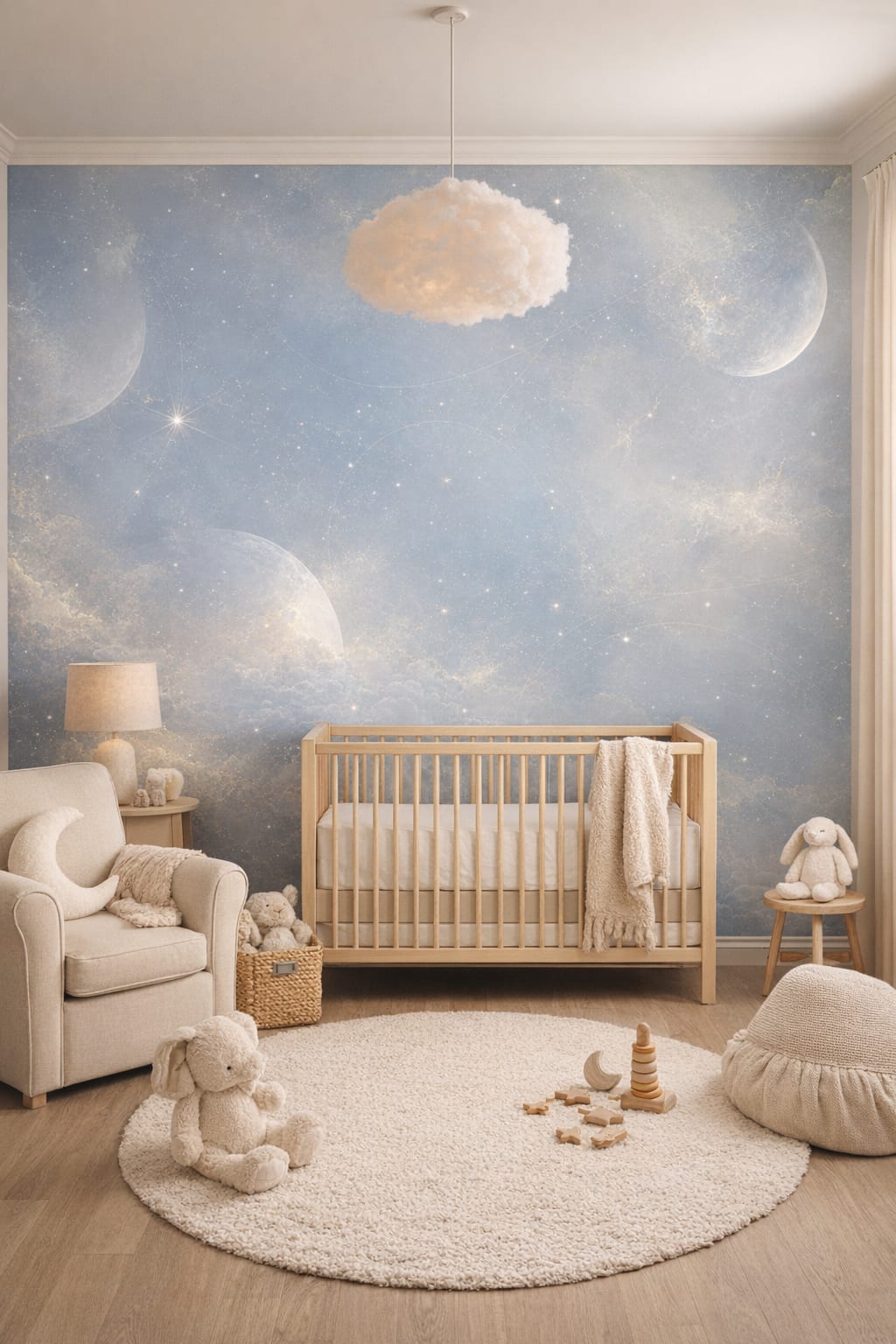 Soft gray, Gender-Neutral Contemporary celestial moons featuring stars - Wall Mural Peel and Stick Wallpaper for Gender-Neutral Contemporary Nursery.