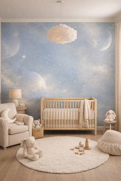 Soft gray, Gender-Neutral Contemporary celestial moons featuring stars - Wall Mural Peel and Stick Wallpaper for Gender-Neutral Contemporary Nursery.