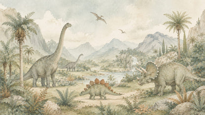Gentle Watercolor Sage Green Dinosaurs featuring prehistoric landscape and pterosaurs - Wall Mural & Peel and Stick Wallpaper for Watercolor Nursery or Kids Room