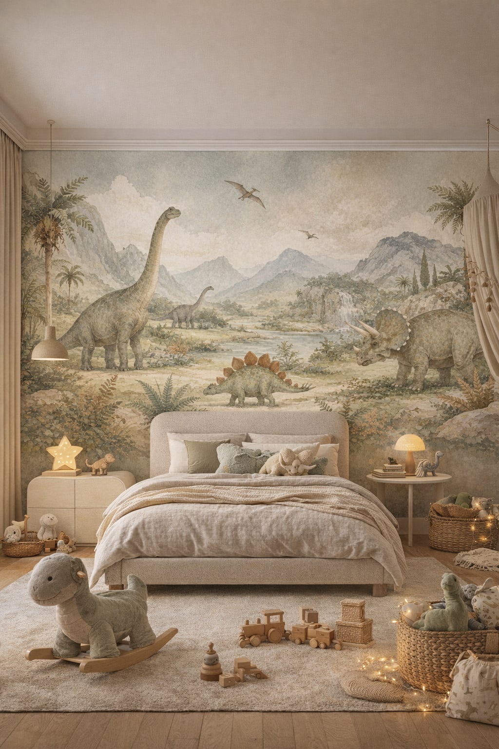 Birch white Scandi Kids dinosaurs featuring pterosaurs - Wall Mural Peel and Stick Wallpaper for Scandi Kids Kids Bedroom.