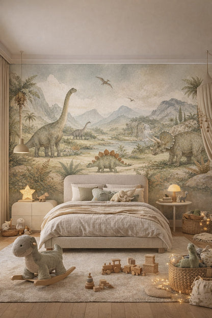 Birch white Scandi Kids dinosaurs featuring pterosaurs - Wall Mural Peel and Stick Wallpaper for Scandi Kids Kids Bedroom.
