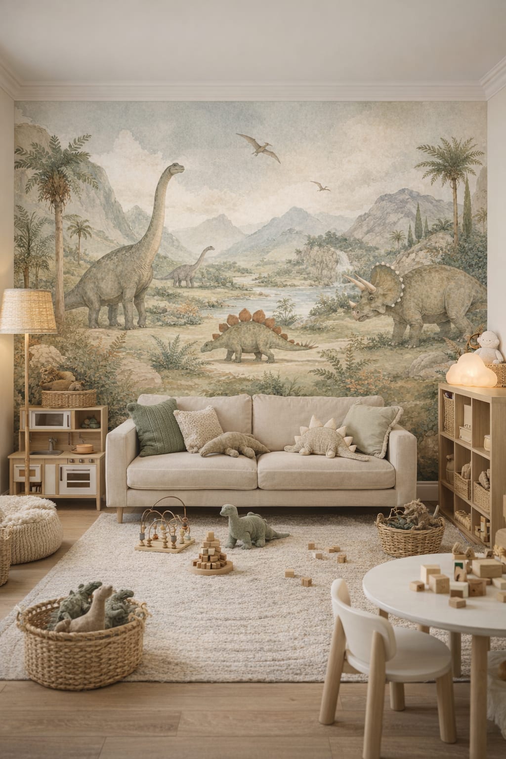 Olive sand Modern Safari dinosaurs featuring pterosaurs - Wall Mural Peel and Stick Wallpaper for Modern Safari Playroom.