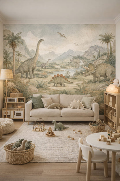 Olive sand Modern Safari dinosaurs featuring pterosaurs - Wall Mural Peel and Stick Wallpaper for Modern Safari Playroom.