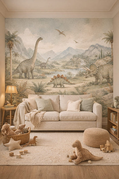 Classic Storybook sage dinosaurs featuring pterosaurs - Wall Mural Peel and Stick Wallpaper for Classic Storybook Reading Corner.