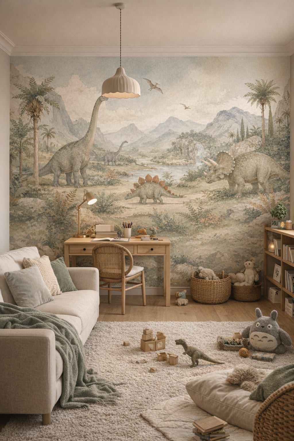 Moss green cream dinosaurs featuring prehistoric landscape - Wall Mural Peel and Stick Wallpaper for Woodland / Forest Homework / Study Corner.