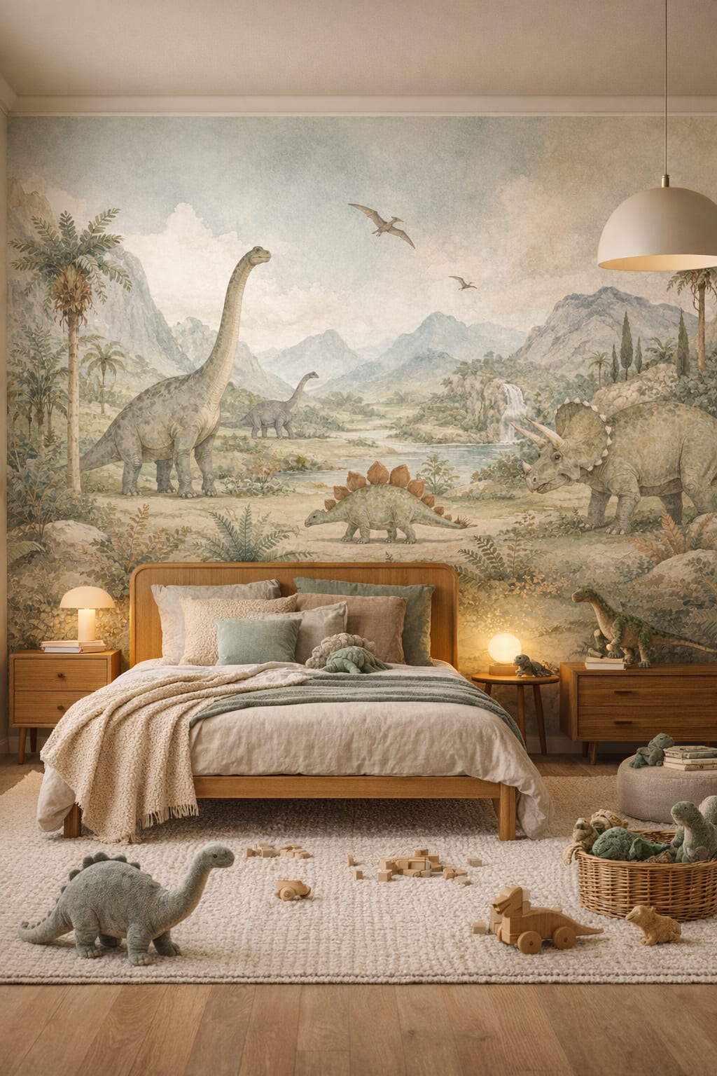Teal Mid-century Kids dinosaurs featuring pterosaurs - Wall Mural Peel and Stick Wallpaper for Mid-century Kids Kids Bedroom.