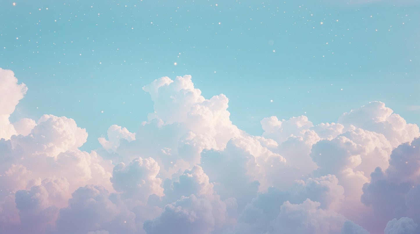 Dreamy airy Sky Blue dreamy clouds featuring star speckles - Wall Mural & Peel and Stick Wallpaper for Whimsical Nursery or Kids Room.