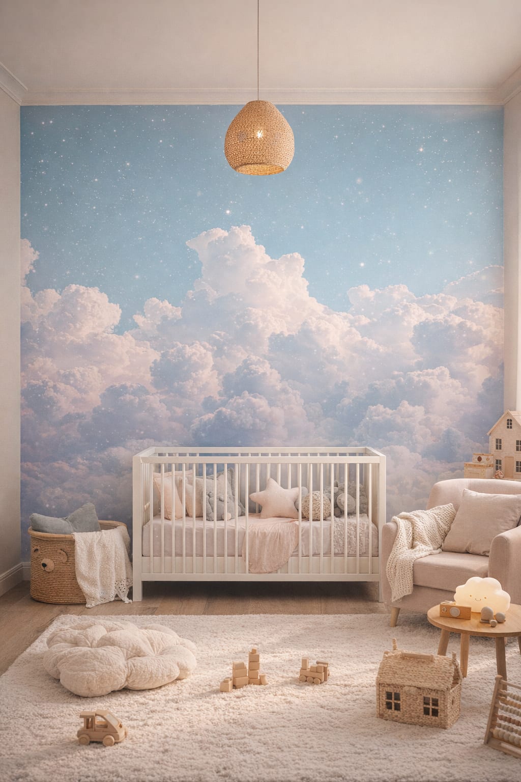 Scandi Kids white-gray dreamy clouds featuring star speckles - Wall Mural Peel and Stick Wallpaper for Scandi Kids Nursery.