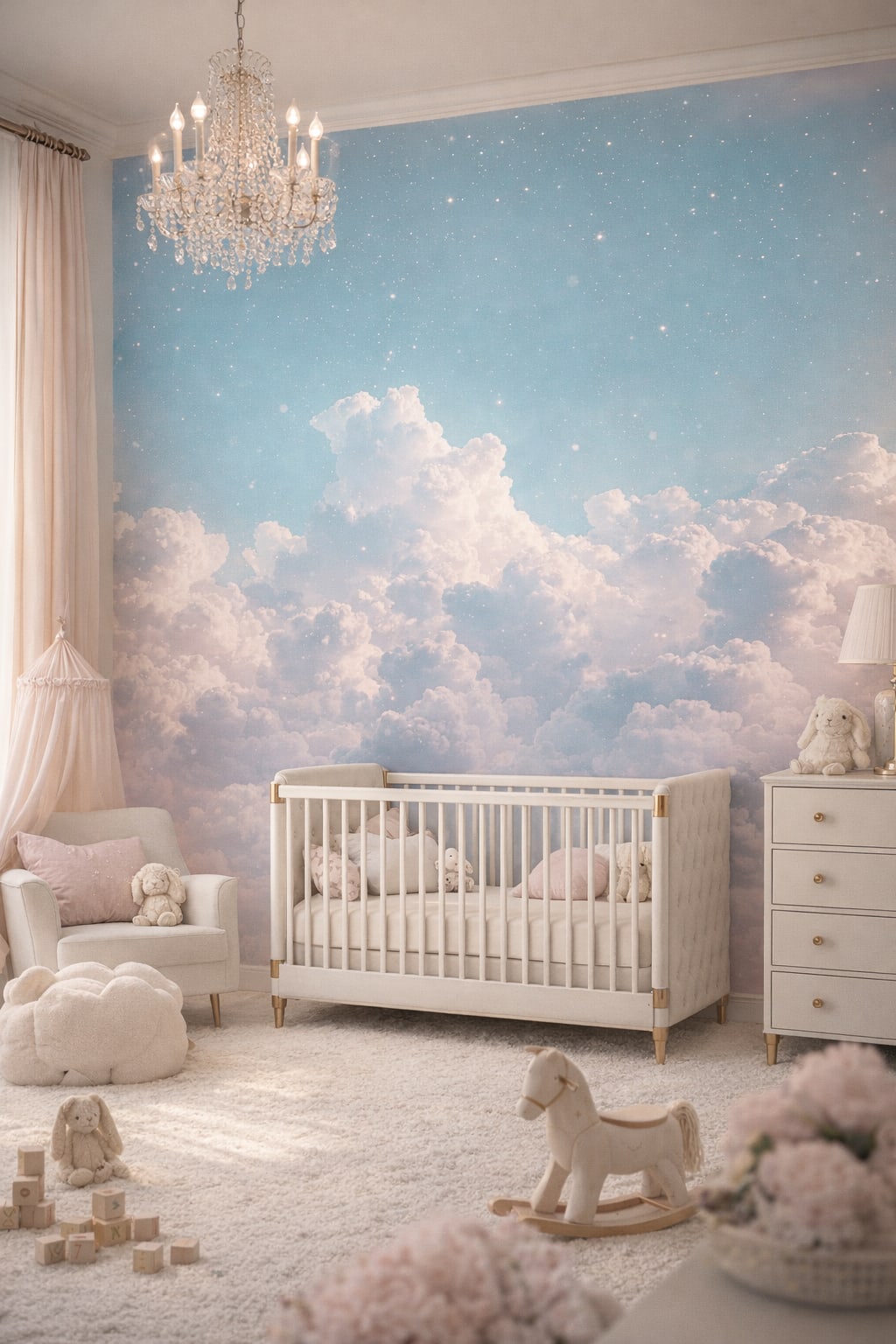 Pastel glam blush dreamy clouds featuring star speckles - Wall Mural Peel and Stick Wallpaper for Pastel Glam Nursery Nursery.