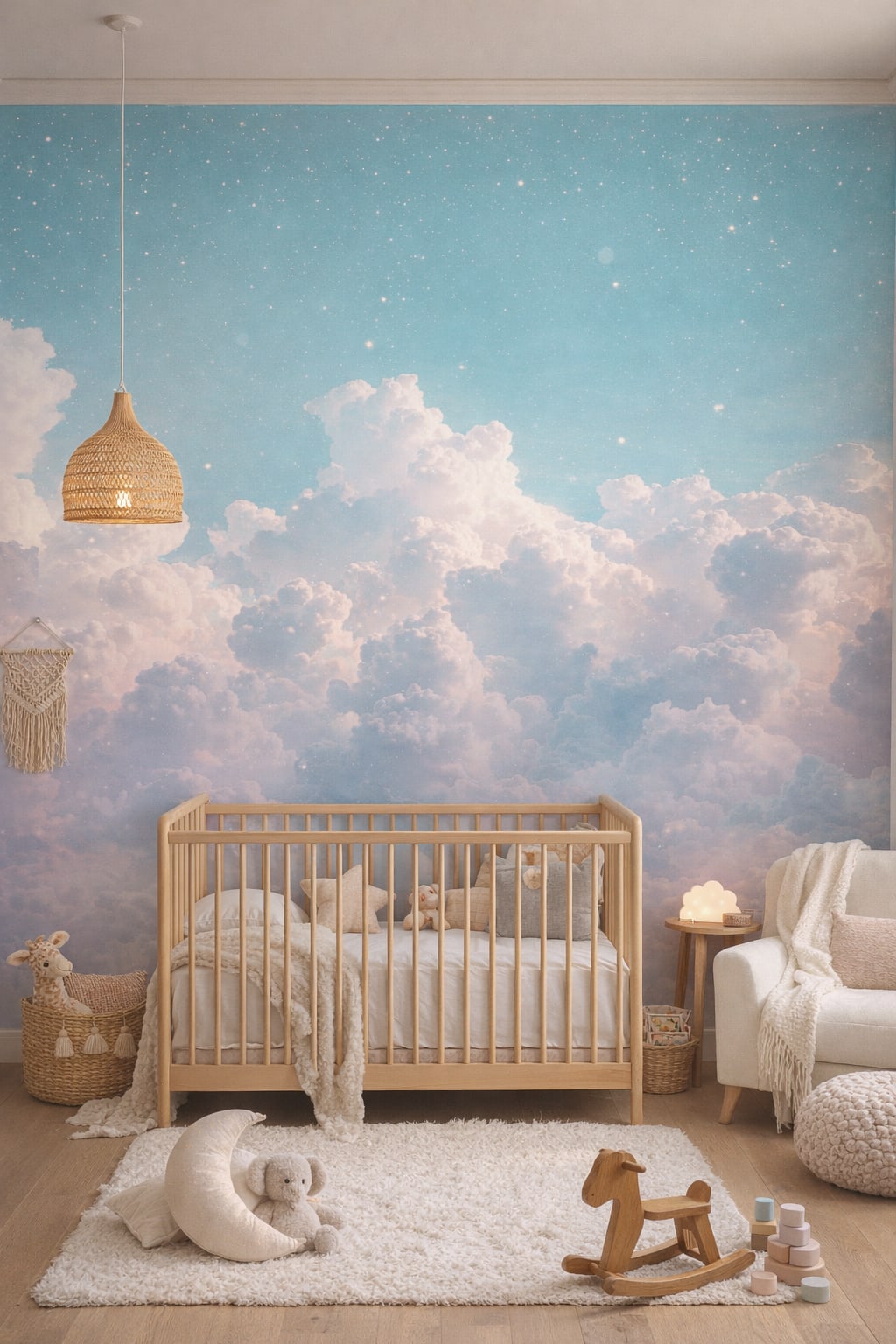 Whimsical Boho cream-toned dreamy clouds featuring star speckles - Wall Mural Peel and Stick Wallpaper for Whimsical Boho Nursery.
