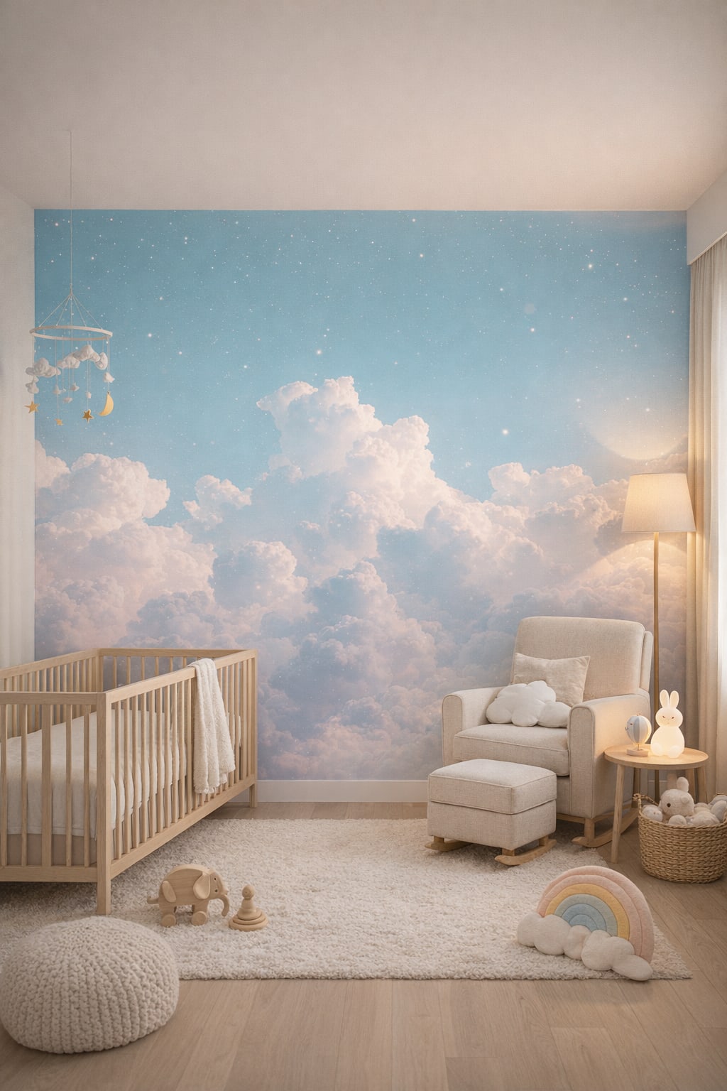 Hygge soft-gray dreamy clouds featuring star speckles - Wall Mural Peel and Stick Wallpaper for Hygge Nursery.