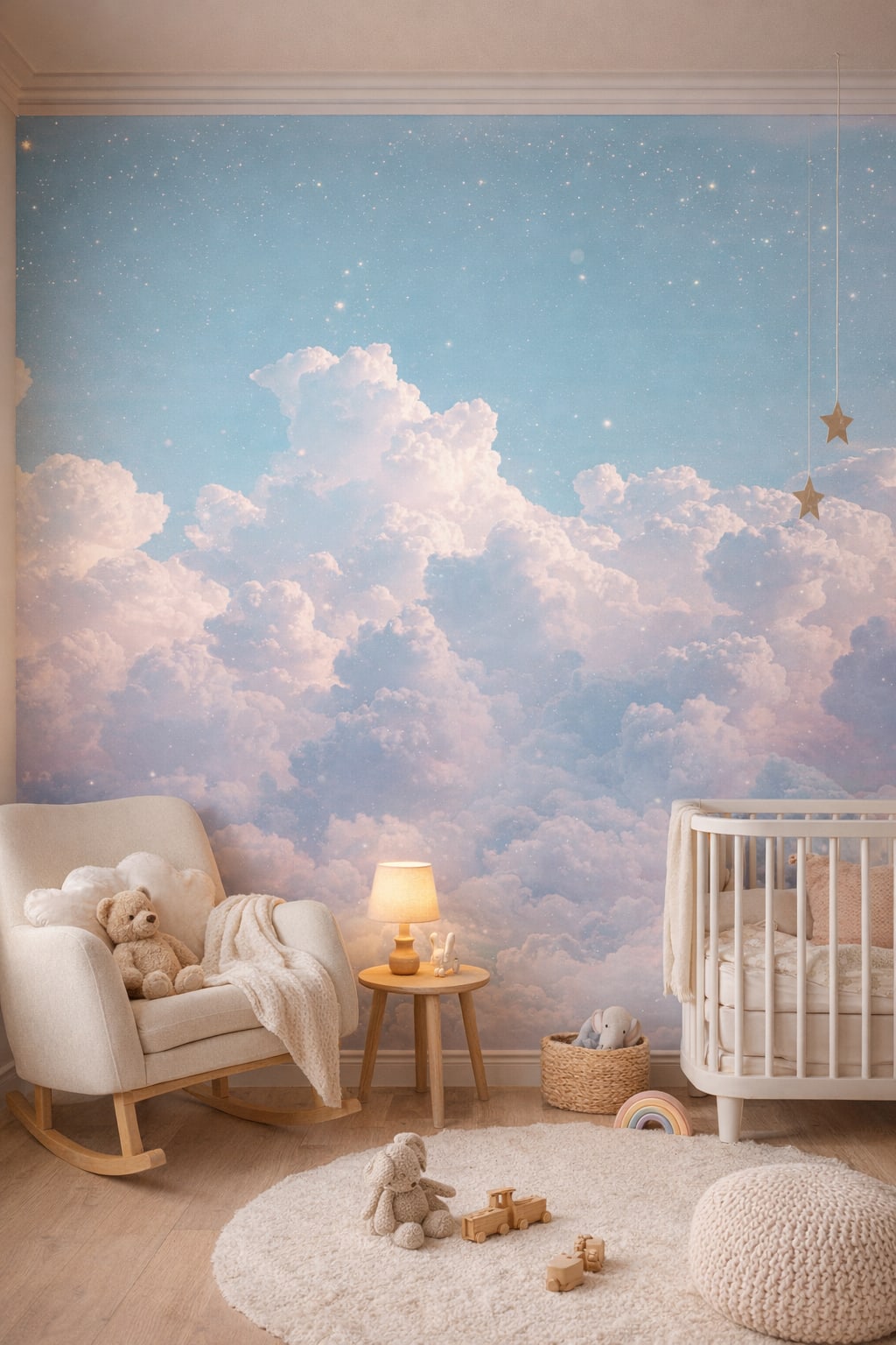 Modern Montessori, neutral-primary dreamy clouds featuring star speckles - Wall Mural Peel and Stick Wallpaper for Modern Montessori Nursery.