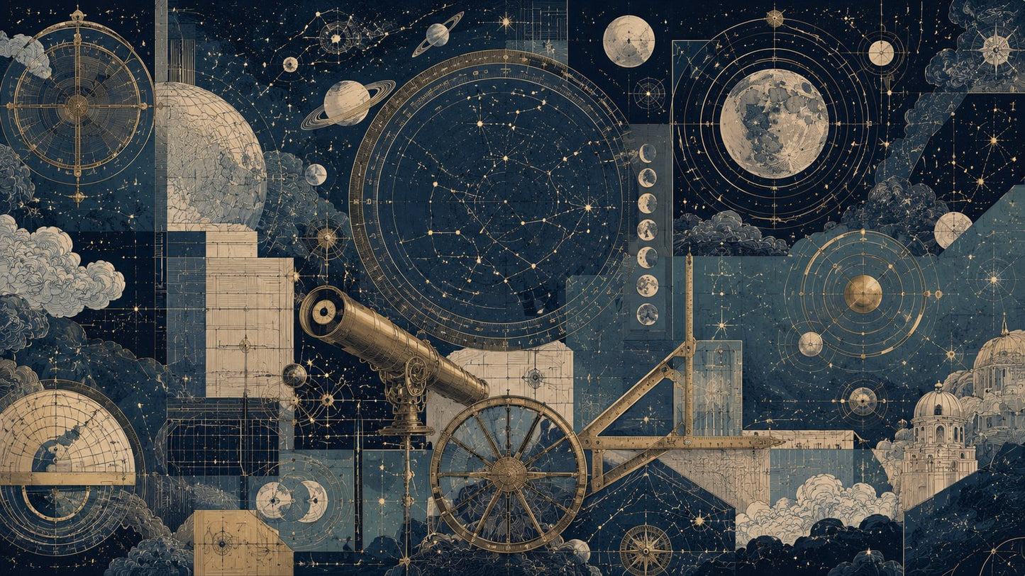 Vintage astronomical Navy celestial charts featuring telescope and moon phases - Wall Mural & Peel and Stick Wallpaper for Vintage Interiors and Premium Home Styling