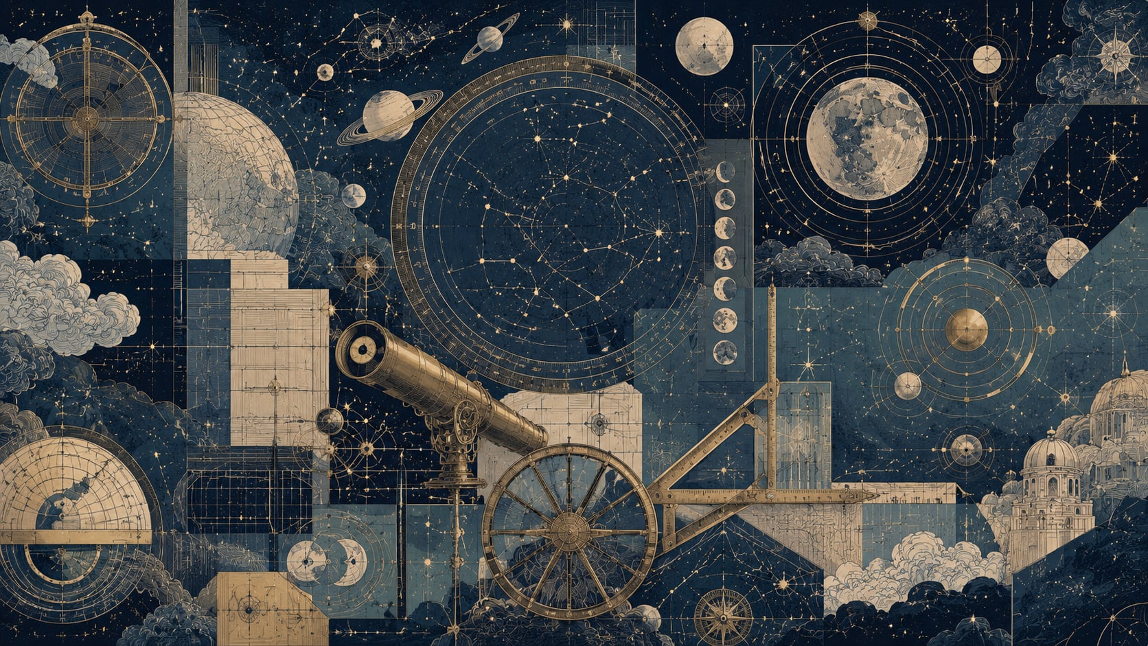 Vintage astronomical Navy celestial charts featuring telescope and moon phases - Wall Mural & Peel and Stick Wallpaper for Vintage Interiors and Premium Home Styling