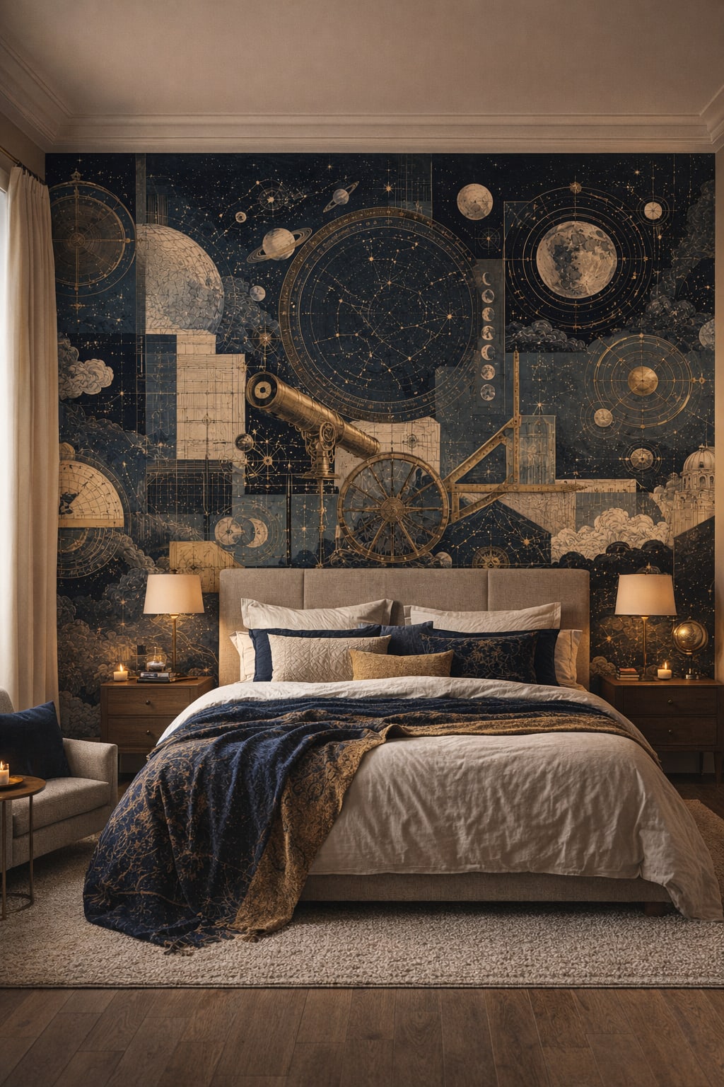 Navy celestial celestial charts featuring telescope - Wall Mural Peel and Stick Wallpaper for Outer Space / Celestial Master Bedroom.