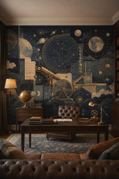 Dark brown celestial charts featuring telescope - Wall Mural Peel and Stick Wallpaper for Dark Academia Executive Home Office.