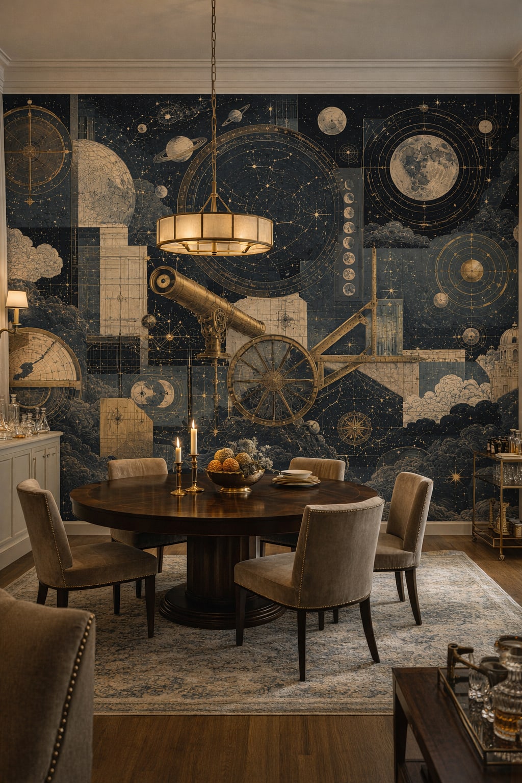 Art Deco black-and-gold celestial charts featuring telescope - Wall Mural Peel and Stick Wallpaper for Art Deco Formal Dining Room.