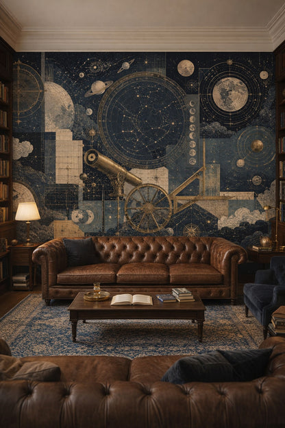 Black cream Modern Victorian celestial charts featuring telescope - Wall Mural Peel and Stick Wallpaper for Modern Victorian Home Library.