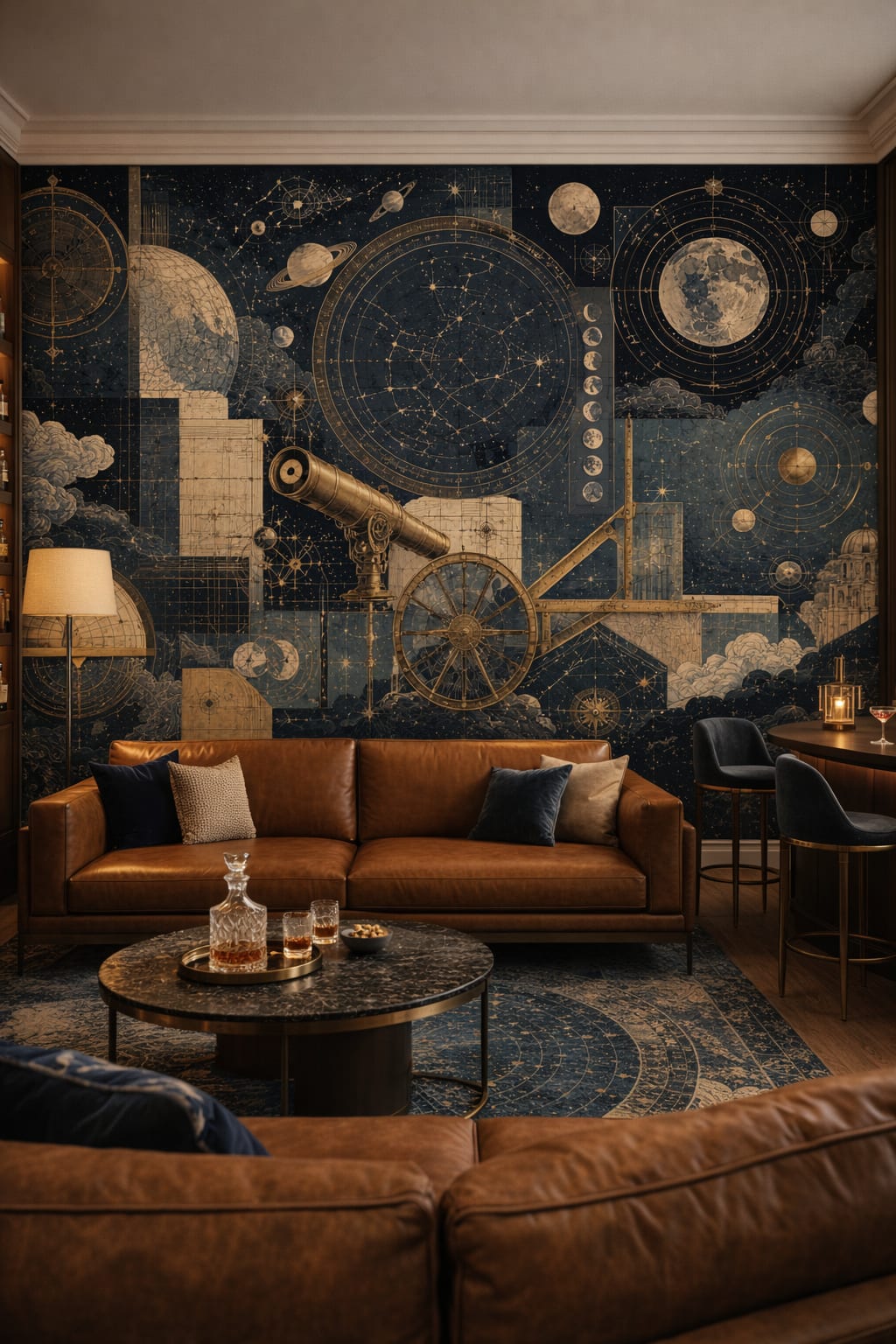 Luxury neutral celestial charts featuring telescope - Wall Mural Peel and Stick Wallpaper for Luxury Contemporary Bar/Lounge.