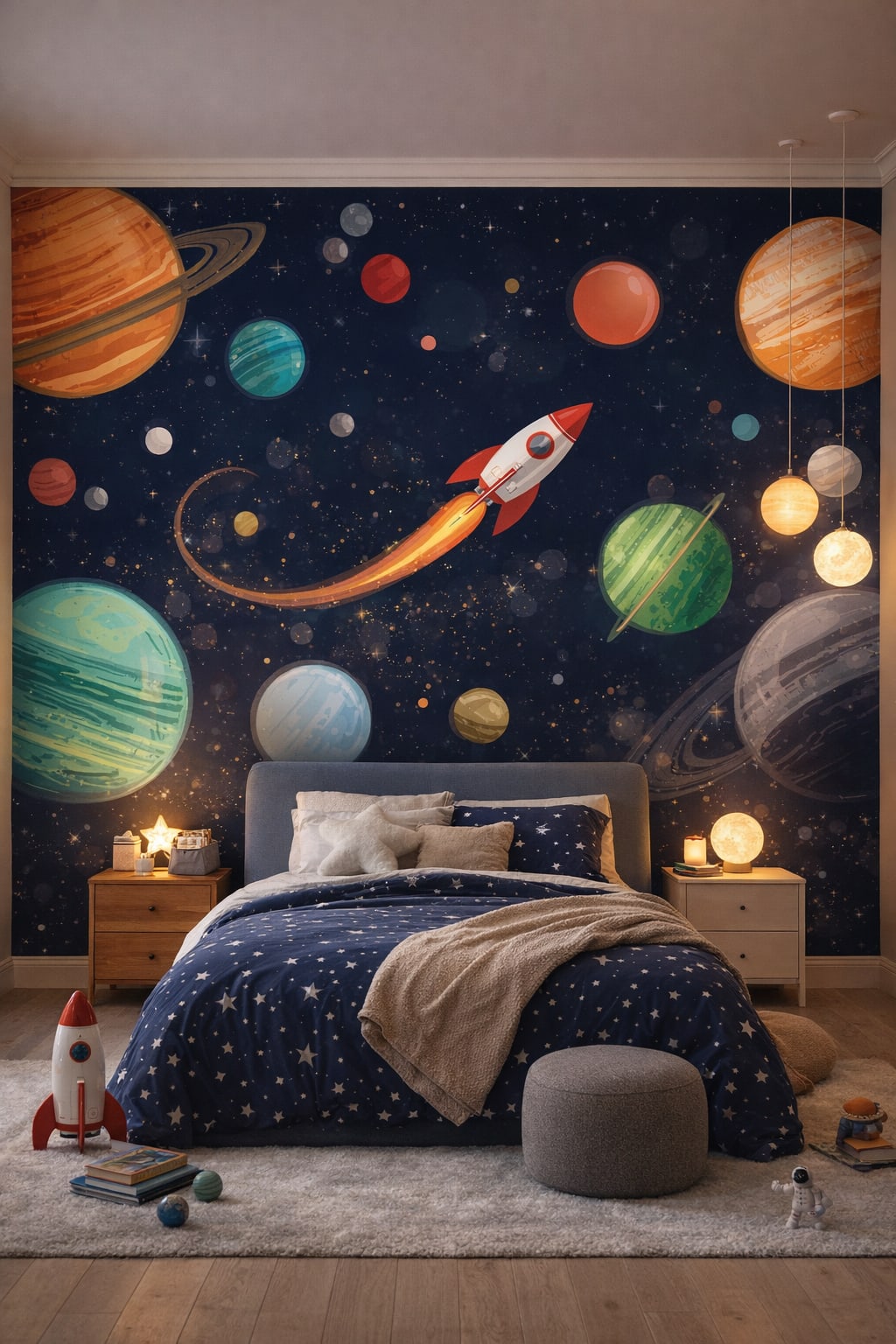 Celestial navy, silver night - space icons featuring planets - Wall Mural Peel and Stick Wallpaper for Outer Space / Celestial Kids Bedroom.