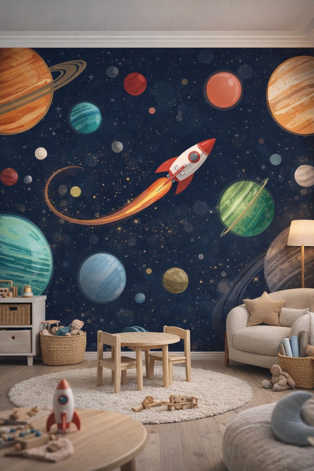 Scandi Kids white-gray space icons featuring rocket ship - Wall Mural Peel and Stick Wallpaper for Scandi Kids Playroom.
