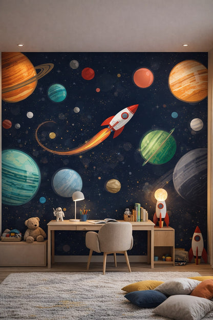 Modern (Modernist), monochrome - space icons featuring planets - Wall Mural Peel and Stick Wallpaper for Modern (Modernist) Homework / Study Corner.