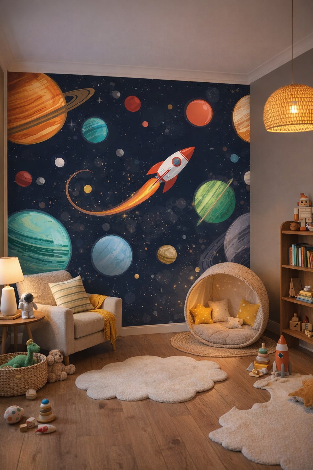 Mid-century Kids teal-orange space icons featuring planets - Wall Mural Peel and Stick Wallpaper for Mid-century Kids Reading Corner.