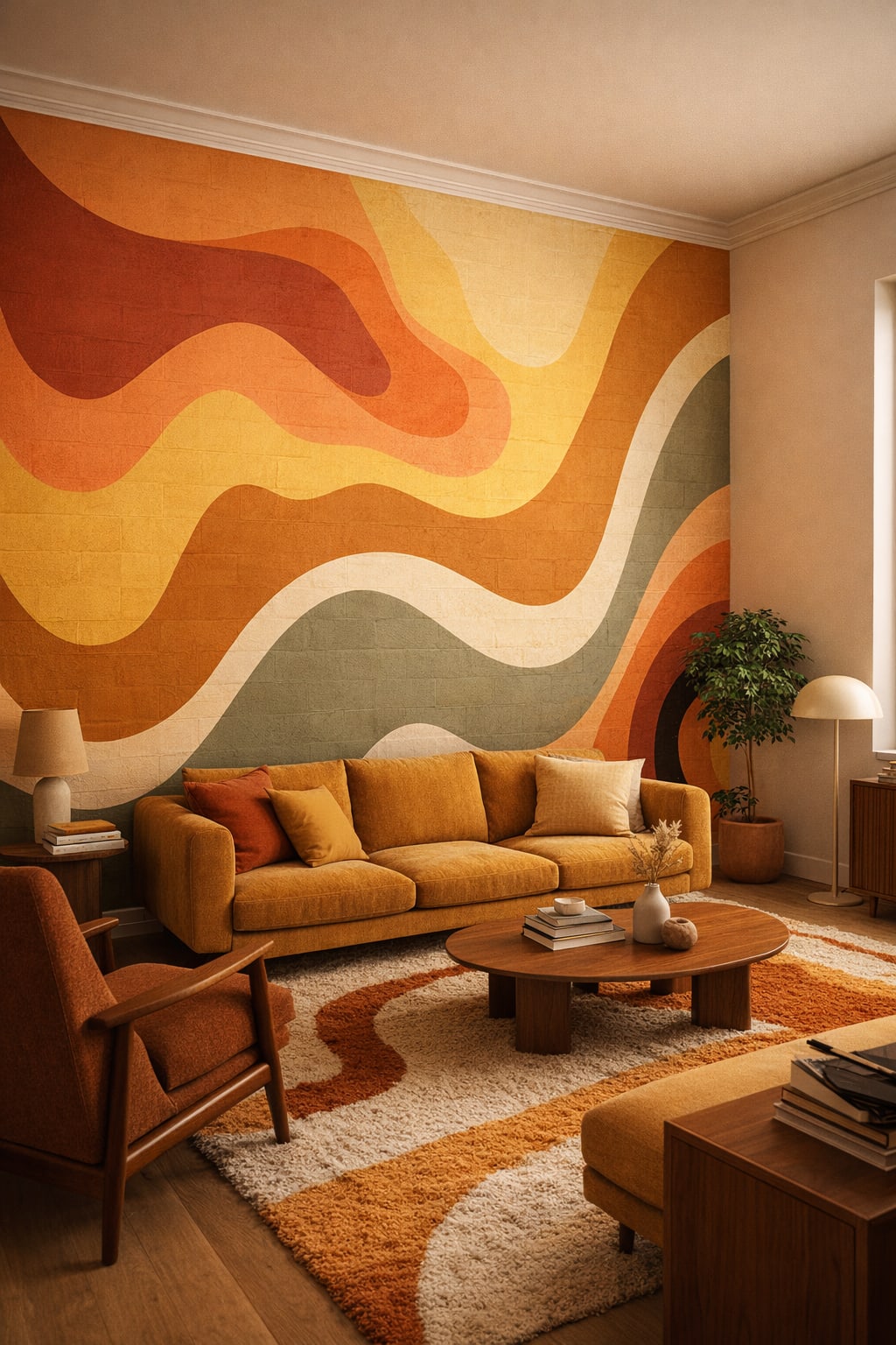 Terracotta mustard retro wavy shapes featuring concentric arcs - Wall Mural Peel and Stick Wallpaper for 1970s Retro Living Room.