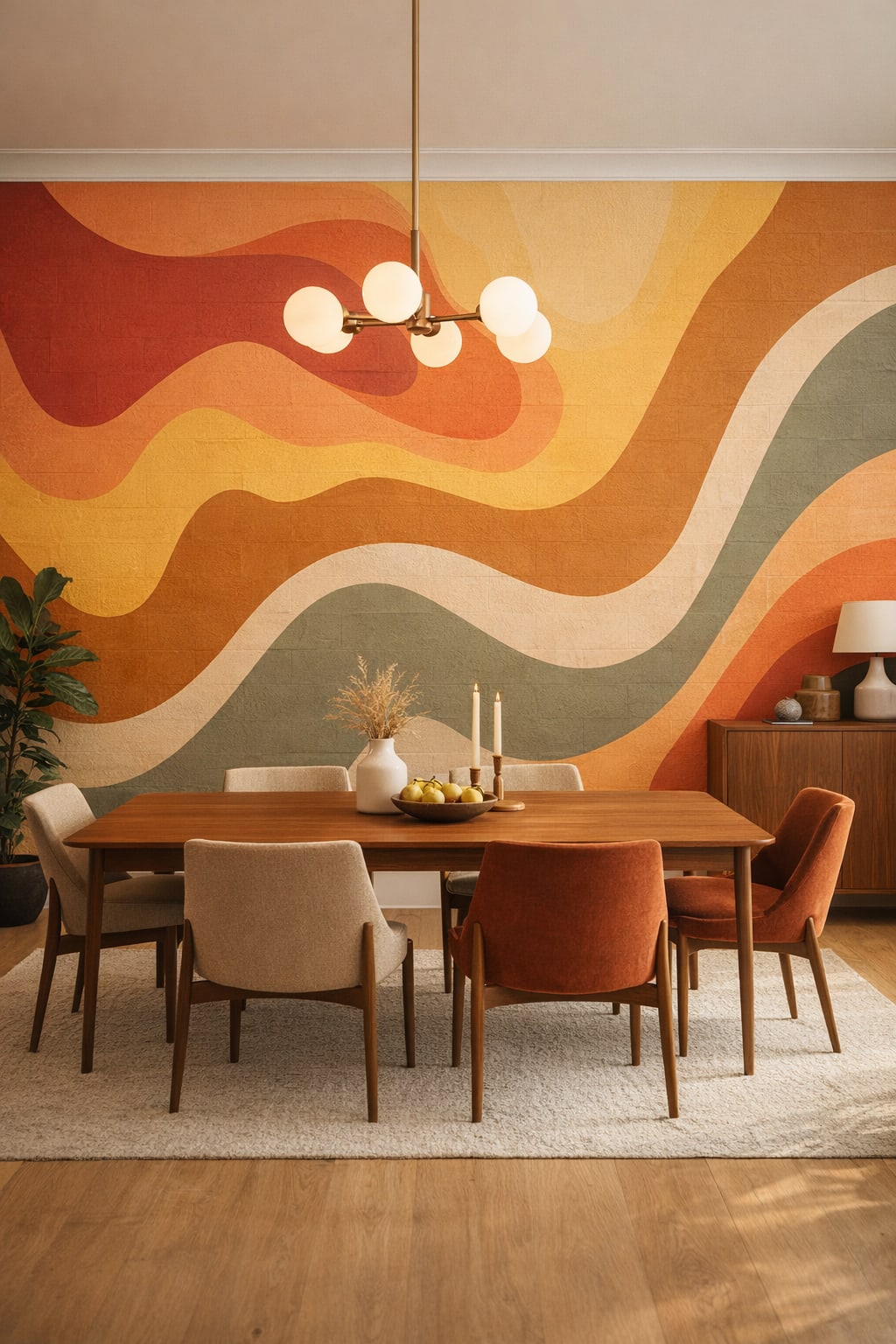 Mid-century Modern mustard-olive retro wavy shapes featuring earth tone bands - Wall Mural Peel and Stick Wallpaper for Mid-century Modern Dining Room.
