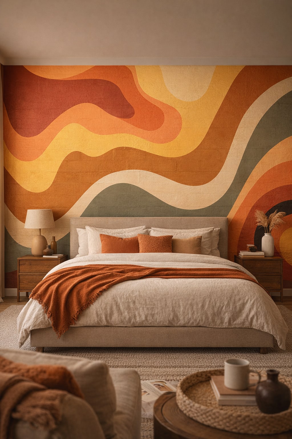 Desert Modern sand-toned retro wavy shapes featuring earth tone bands - Wall Mural Peel and Stick Wallpaper for Desert Modern Master Bedroom.