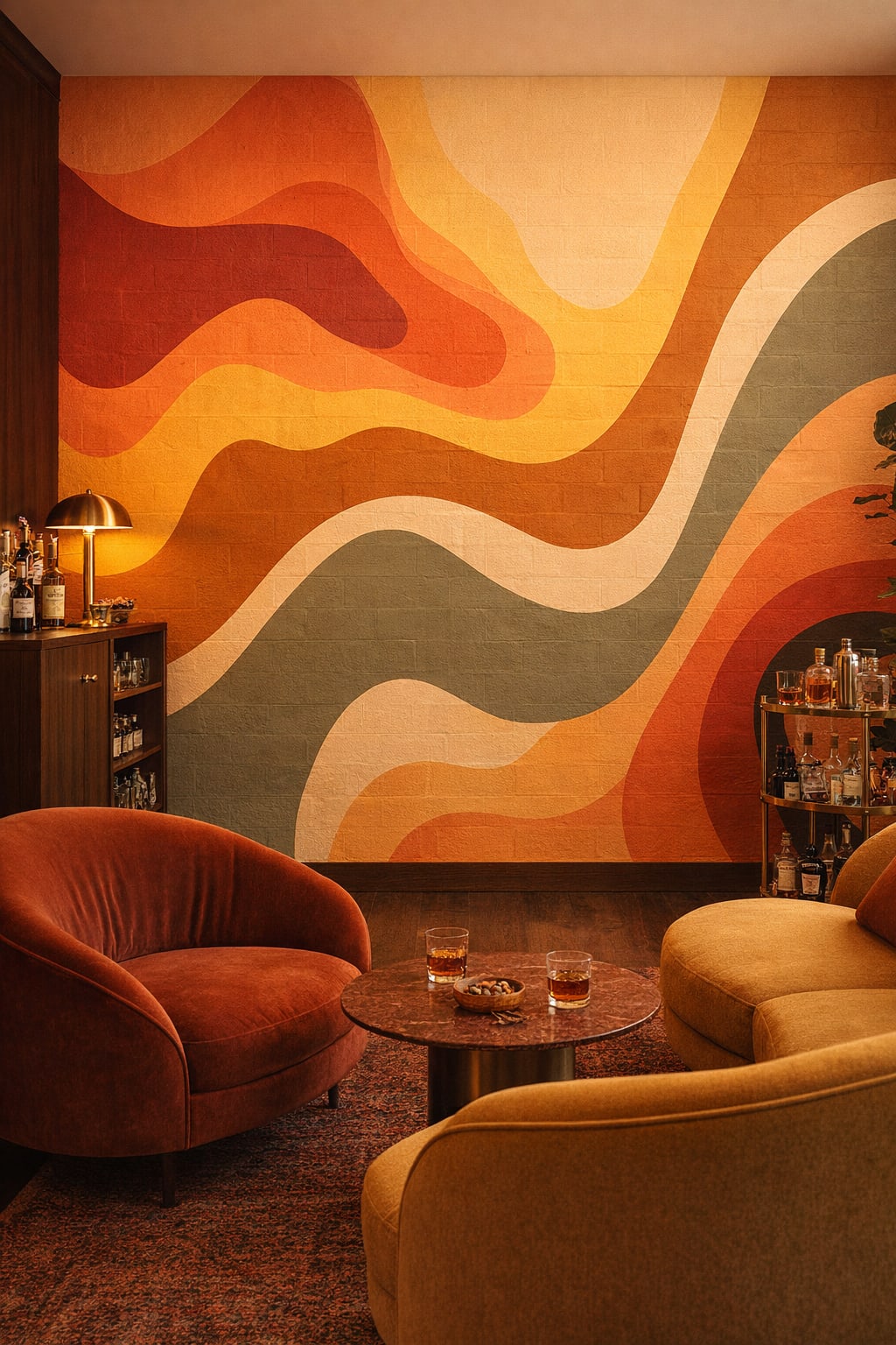 Color-drenched bold retro wavy shapes featuring earth tone bands - Wall Mural Peel and Stick Wallpaper for Color-drenched Bar/Lounge.