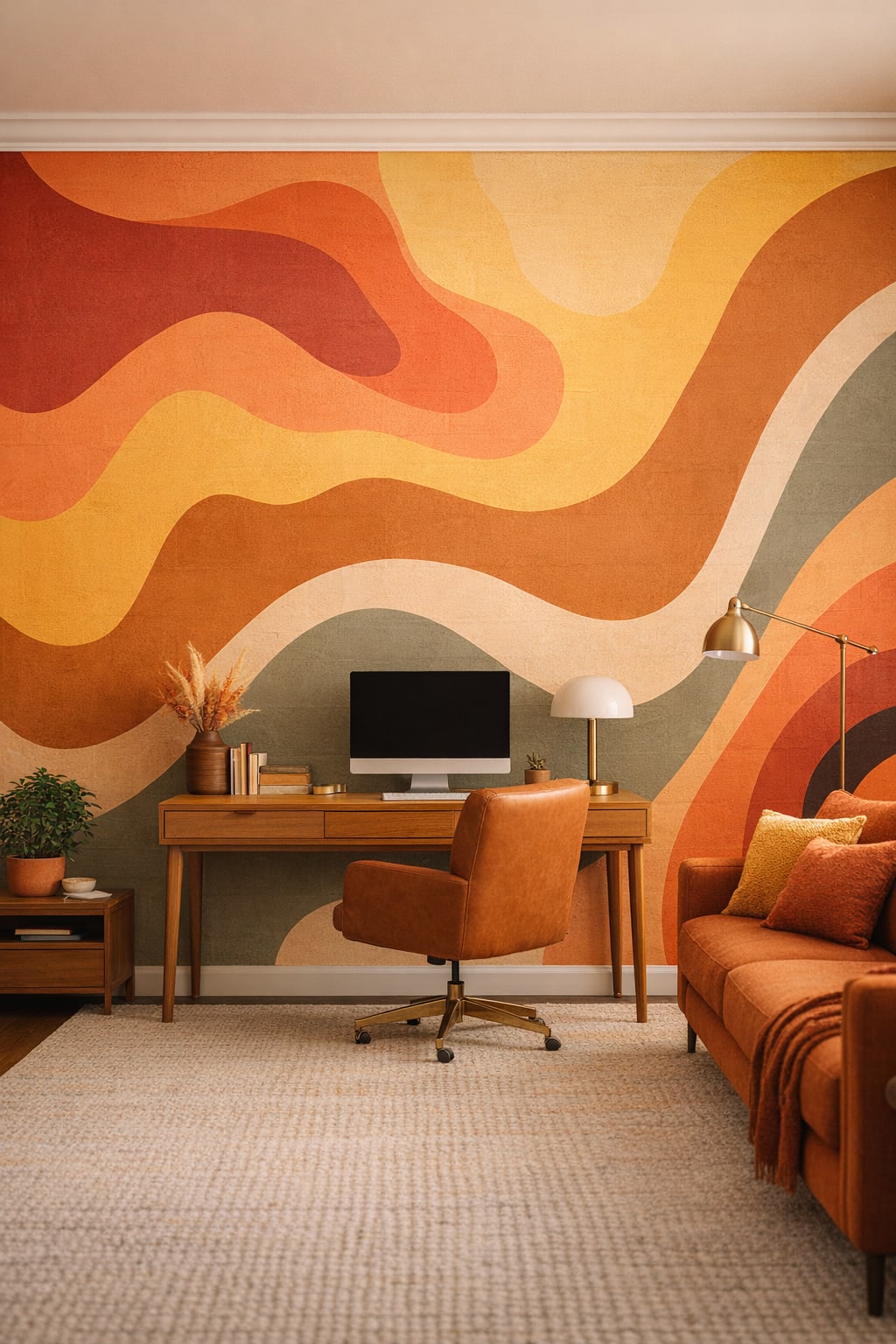 Pop Art primary-bold retro wavy shapes featuring earth tone bands - Wall Mural Peel and Stick Wallpaper for Pop Art Home Office.