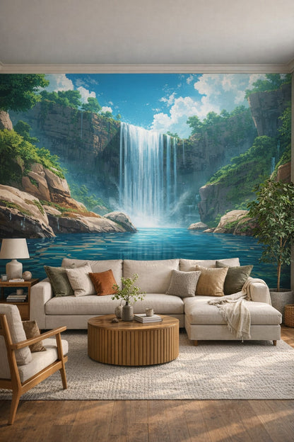 Biophilic green neutrals waterfall landscape featuring rock cliffs - Wall Mural Peel and Stick Wallpaper for Biophilic Design Living Room.