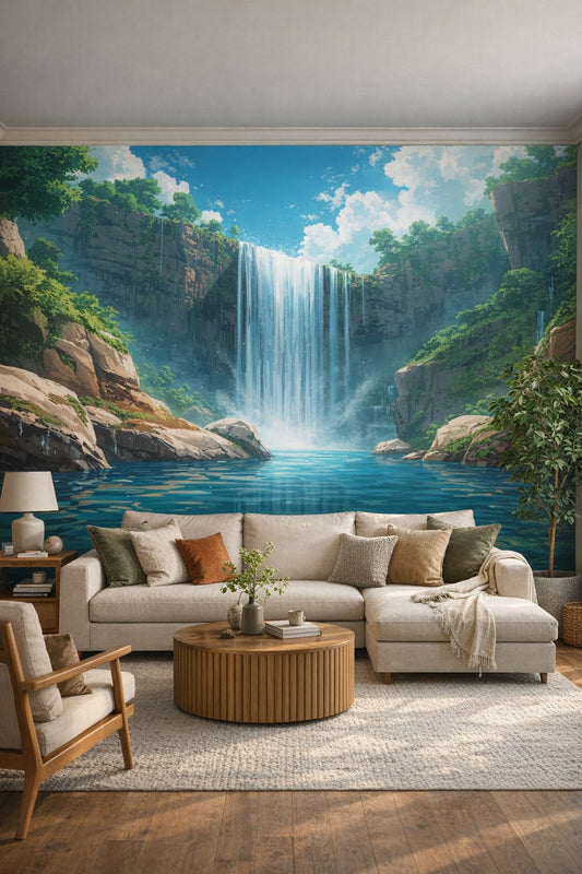 Biophilic green neutrals waterfall landscape featuring rock cliffs - Wall Mural Peel and Stick Wallpaper for Biophilic Design Living Room.
