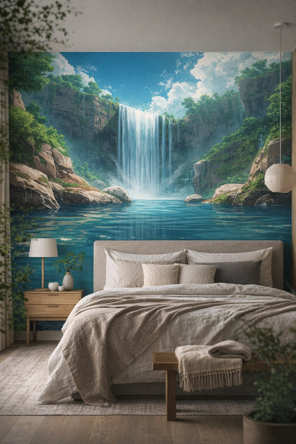 Sand-toned Japandi waterfall landscape featuring rock cliffs - Wall Mural Peel and Stick Wallpaper for Japandi Master Bedroom.