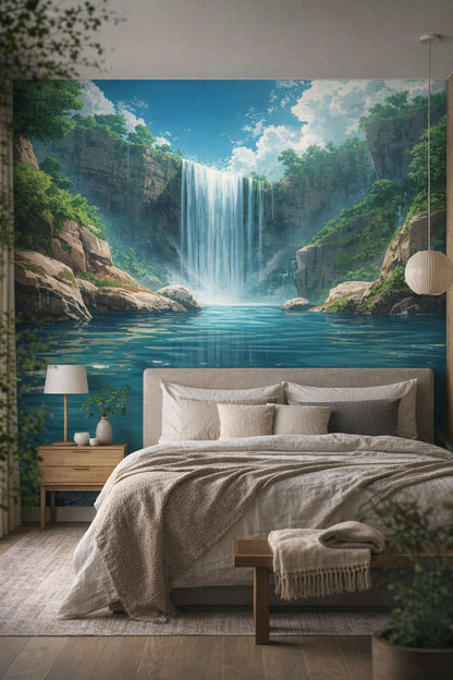 Sand-toned Japandi waterfall landscape featuring rock cliffs - Wall Mural Peel and Stick Wallpaper for Japandi Master Bedroom.