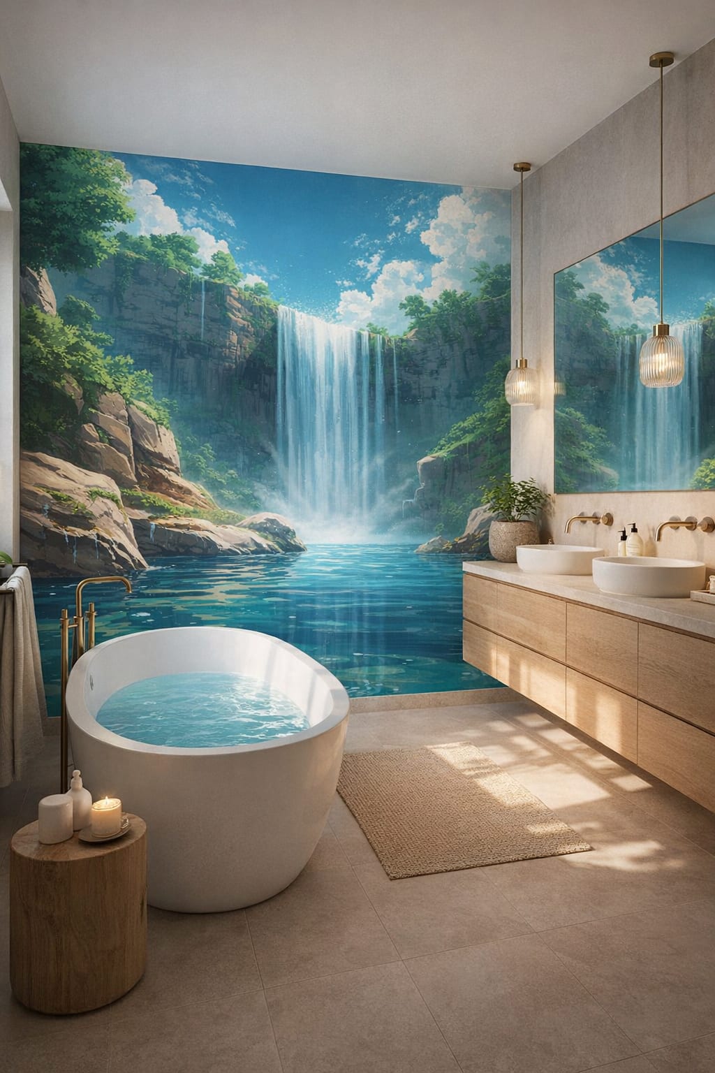 Organic Modern cream waterfall landscape featuring lush foliage - Wall Mural Peel and Stick Wallpaper for Organic Modern Luxury Bathroom.