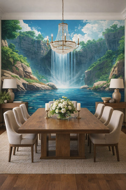 Resort Style sand-white waterfall landscape featuring rock cliffs - Wall Mural Peel and Stick Wallpaper for Resort Style Formal Dining Room.