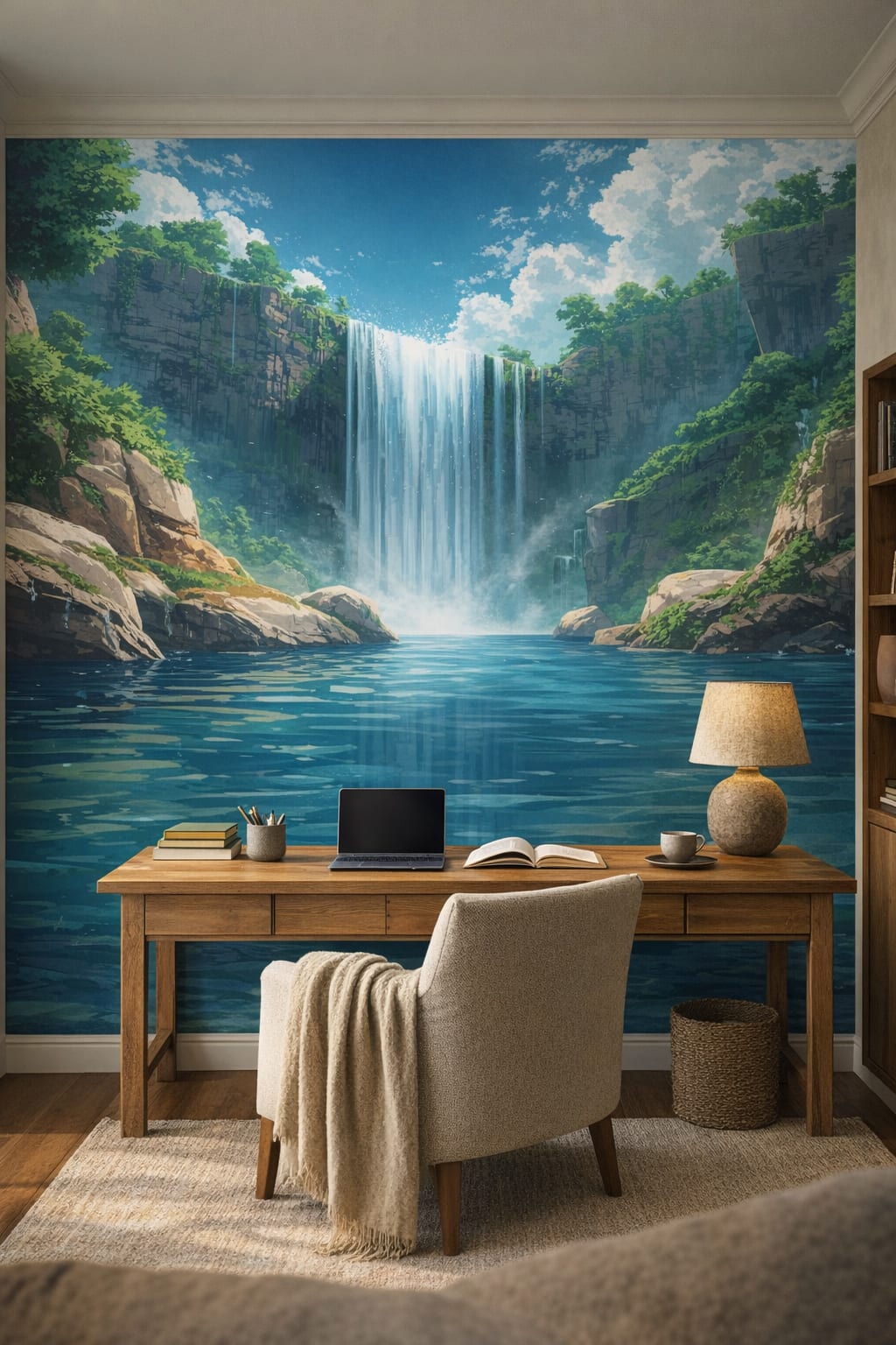 Wabi-sabi muted-earth waterfall landscape featuring rock cliffs - Wall Mural Peel and Stick Wallpaper for Wabi-sabi Executive Home Office.