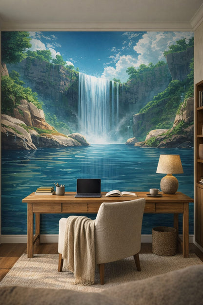 Wabi-sabi muted-earth waterfall landscape featuring rock cliffs - Wall Mural Peel and Stick Wallpaper for Wabi-sabi Executive Home Office.
