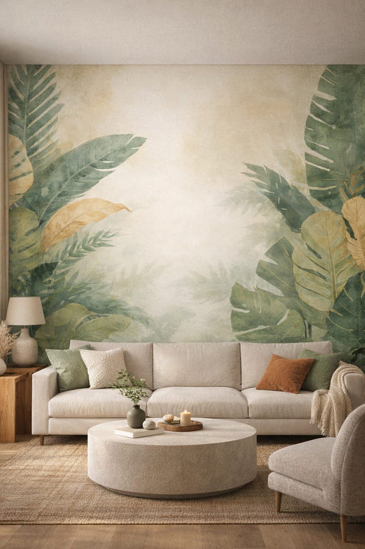 Organic Modern, cream-sand tropical leaves featuring watercolor wash - Wall Mural Peel and Stick Wallpaper for Organic Modern Living Room.