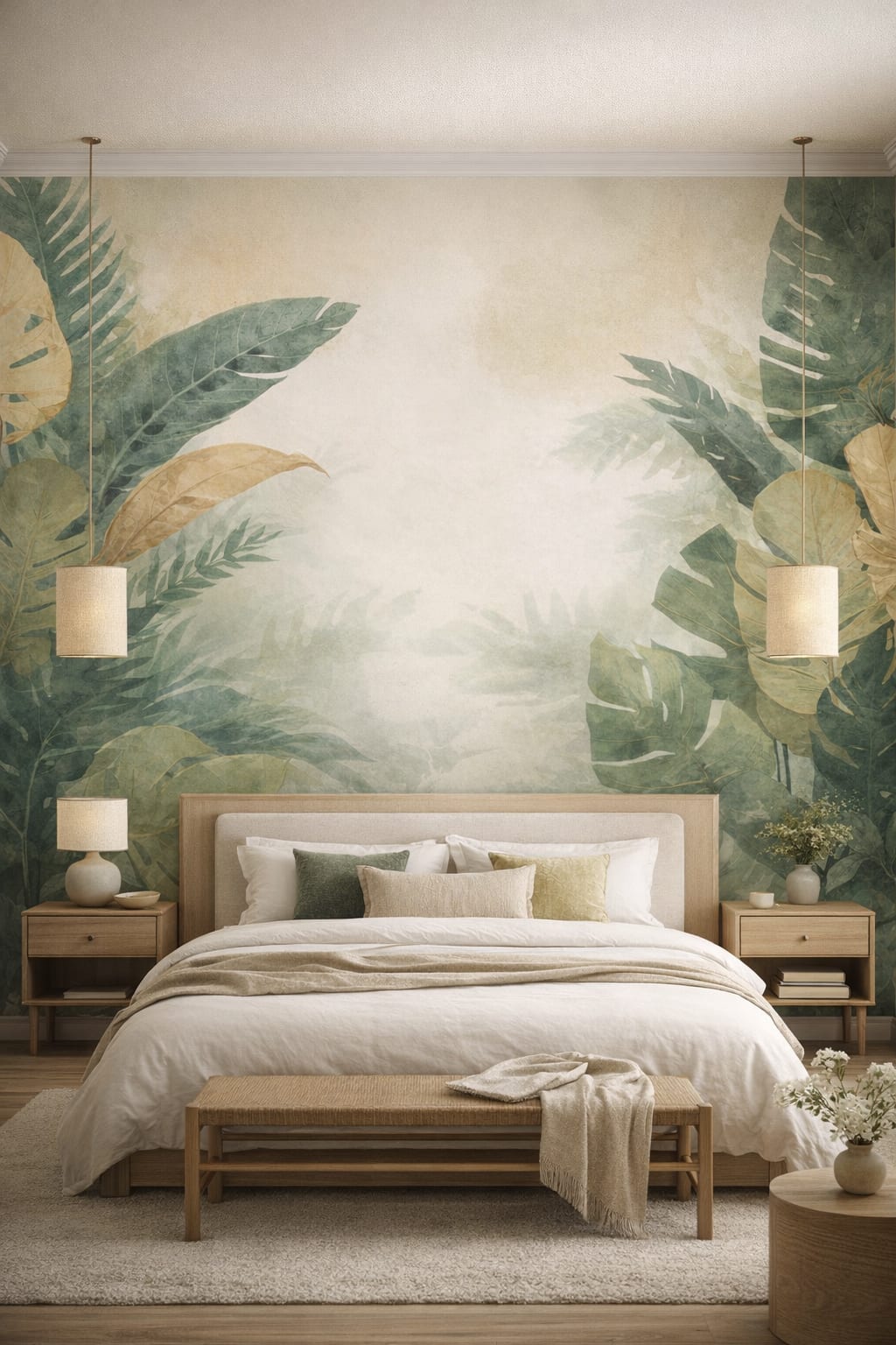 Japandi sand-toned tropical leaves featuring watercolor wash - Wall Mural Peel and Stick Wallpaper for Japandi Master Bedroom.