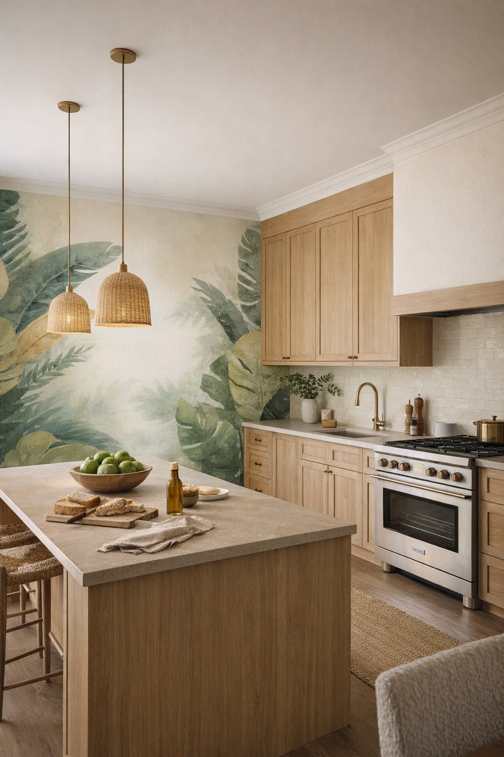 Green-neutral biophilic tropical leaves featuring watercolor wash - Wall Mural Peel and Stick Wallpaper for Biophilic Design High-end Kitchen.