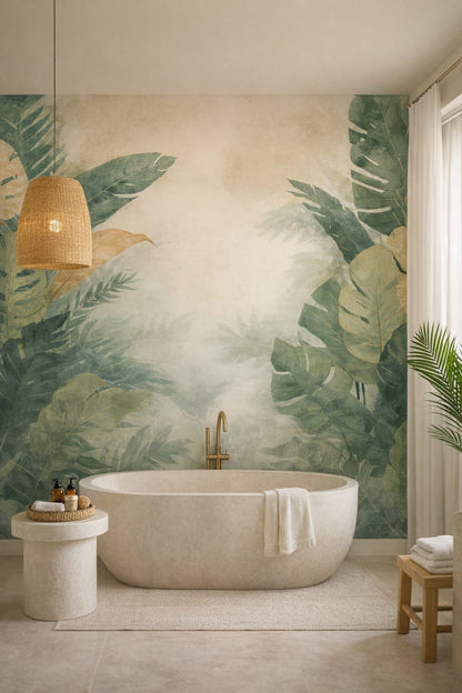 Resort Style sand-white tropical leaves featuring watercolor wash - Wall Mural Peel and Stick Wallpaper for Resort Style Luxury Bathroom.